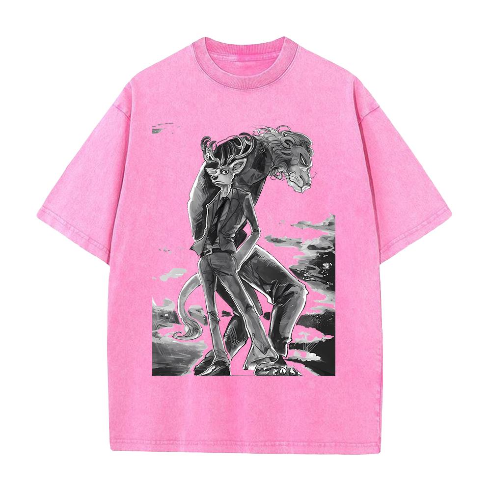 Anime BEASTARS Rouis Ibuki Graphic T Shirt Men Short Sleeve Clothing Casual Cotton Tshirt Vintage Washed Tshirt Harajuku Tops