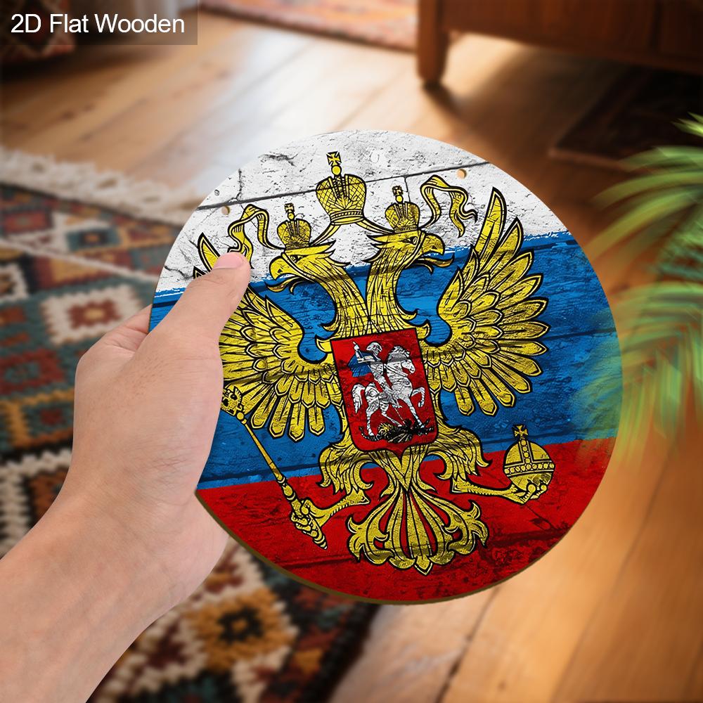 2pcs Victory Day In Russia Wooden Sign with Golden Double Headed Eagle Pattern, Round Sign for Front Door, Wall Decor, Ideal Gift for Friend & Family