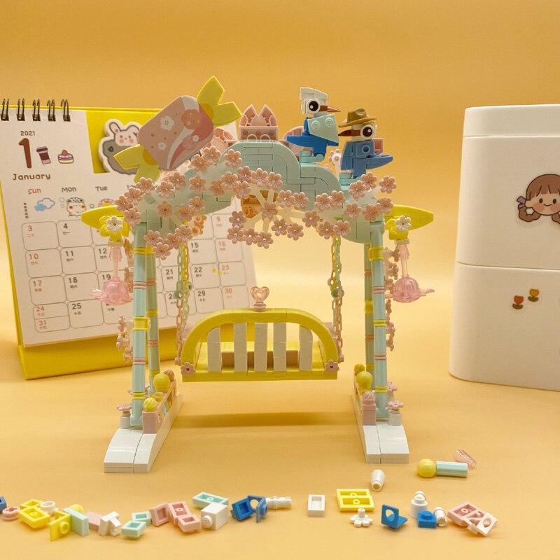 LOZ 1126 Pink Sakura Flower Swing Bird Animal Heart Sweet Candy 3D DIY Mini Blocks Bricks Building Toy for Children Gift No Box