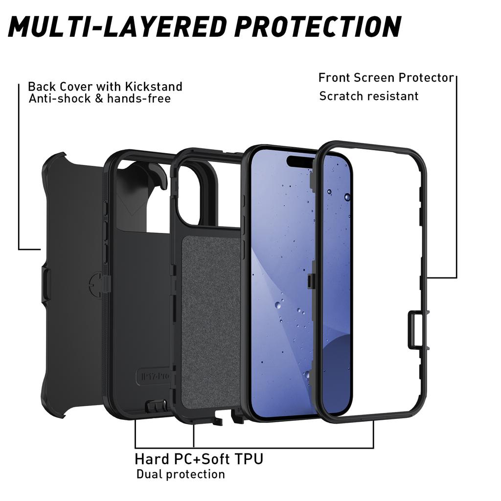 For iPhone 17 Pro Max Rugged Case PC + TPU Cell Phone Cover with Back Clip Kickstand