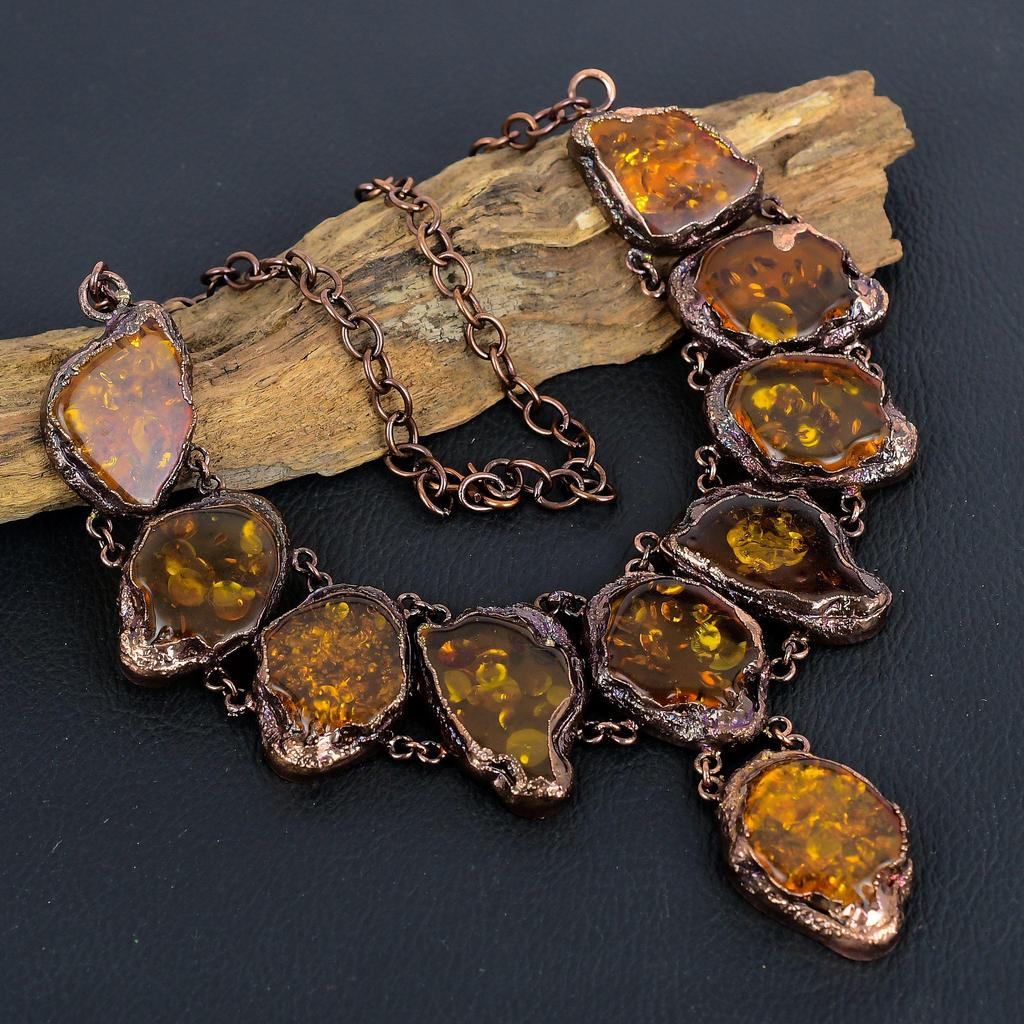 Baltic Amber Necklace Gemstone Jewelry, Copper Electroformed Adjustable Chain Necklace, Gift For Women Handmade Necklace