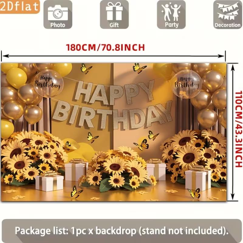 2D Birthday Photography Backdrop Yellow Background with Sunflowers, Butterflies and Balloons