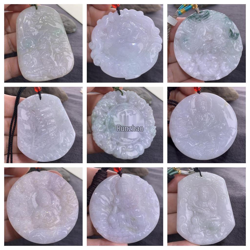Подвеска из натурального бирманского жадеита класса А с фигурками лисы, тигра, цилиня и бодхисаттвы