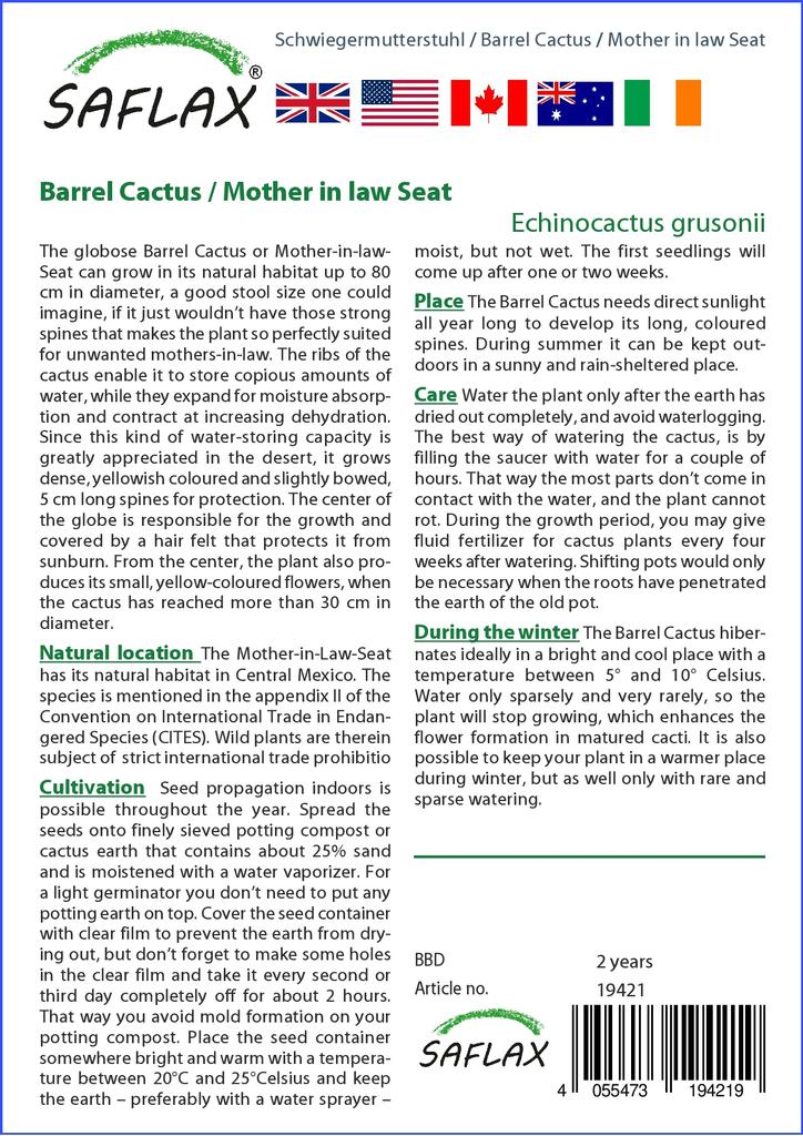 SAFLAX Garden in the Bag - Кактус-бочка / Сиденье для тещи - 40 семян - С субстратом в подходящем пакете-стойке - Echinocactus grusonii