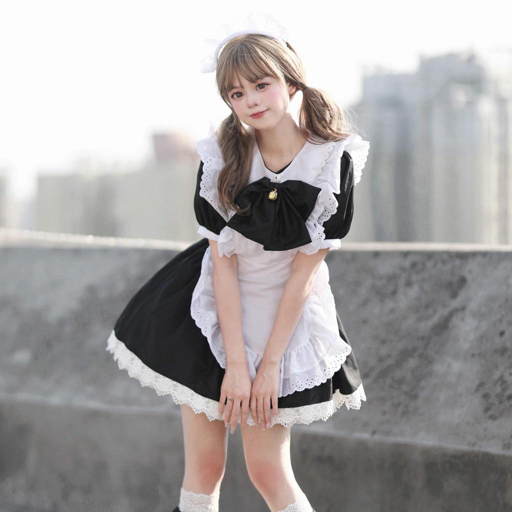 MEYOIJK Maid Con Cafe Classic Short Cute Lace Maid Lolita and Plus Sizes Popular for School and Photo Shoots Size Costume, Cosplay, Moe, Maid, Length,