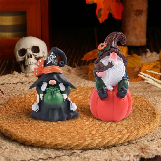 Halloween Gnome Decoration Pumpkin Couple Resin Figurine Fairy Tale Themed Gnome Sculpture Indoor Outdoor Table Desk Home Decor