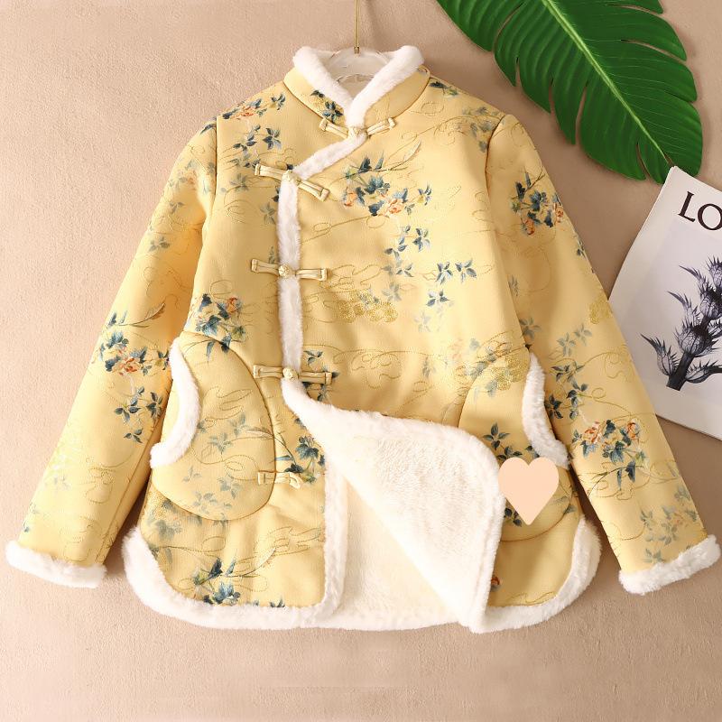 2025 Autumn Winter New Chinese Style Fashion Women Plush Cotton Coat Standing Neck Pan Button Coat Female Warm Jacket