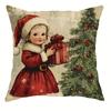 Christmas Decoration Pillowcase Retro Style Fawn Snowman Santa Claus Little Girl Pattern Suitable for Home Sofa Cushion Cover