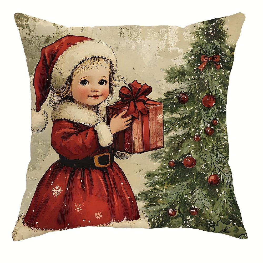 Christmas Decoration Pillowcase Retro Style Fawn Snowman Santa Claus Little Girl Pattern Suitable for Home Sofa Cushion Cover