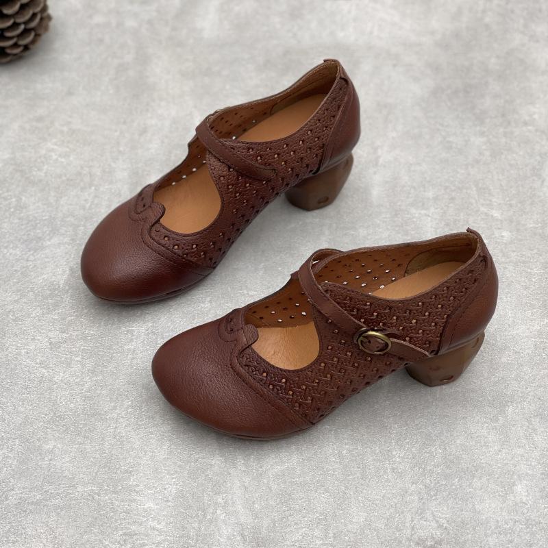 Johnature Винтажные босоножки ручной работы из натуральной кожи на высоком каблуке с выемками, дышащие женские туфли