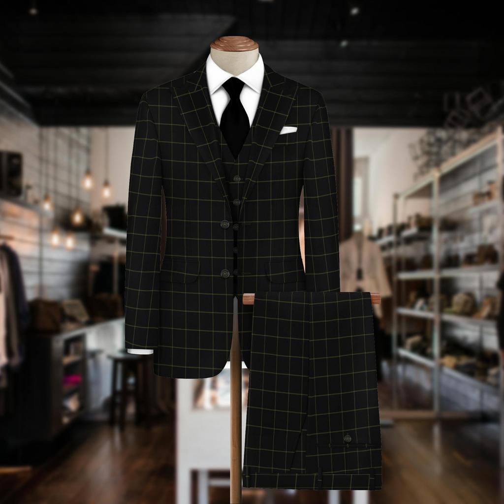 Dark Green Checkered Summer Suit Fabric – 70% Viscose, 30% Polyester | 350g, 150cm Width