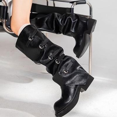 Maillard, но женские ботфорты, новые осенние, ретро, с присборенным голенищем, сапоги-трубы, на толстом высоком каблуке, высокие сапоги-рыцари