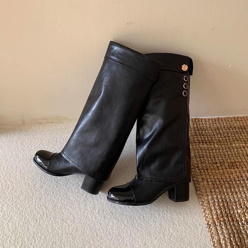High Heel Knight Boots Women's Leather Patchwork Over Knee Long Tube Boots Round Head Not Knee High Fashion Boots Winter Season
