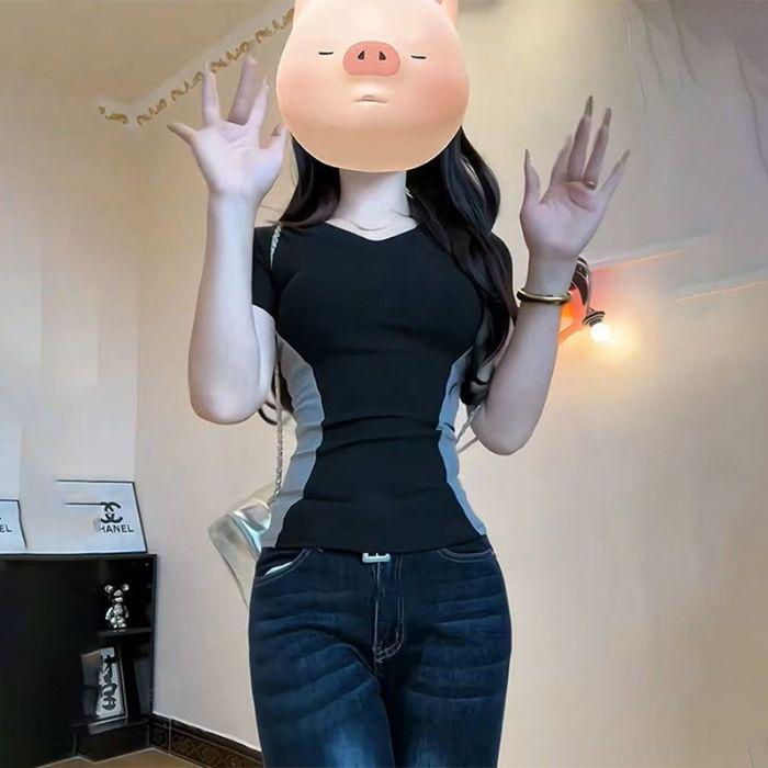 Women's American Retro Color Block V-Neck Slimming T-Shirt for Summer 2025