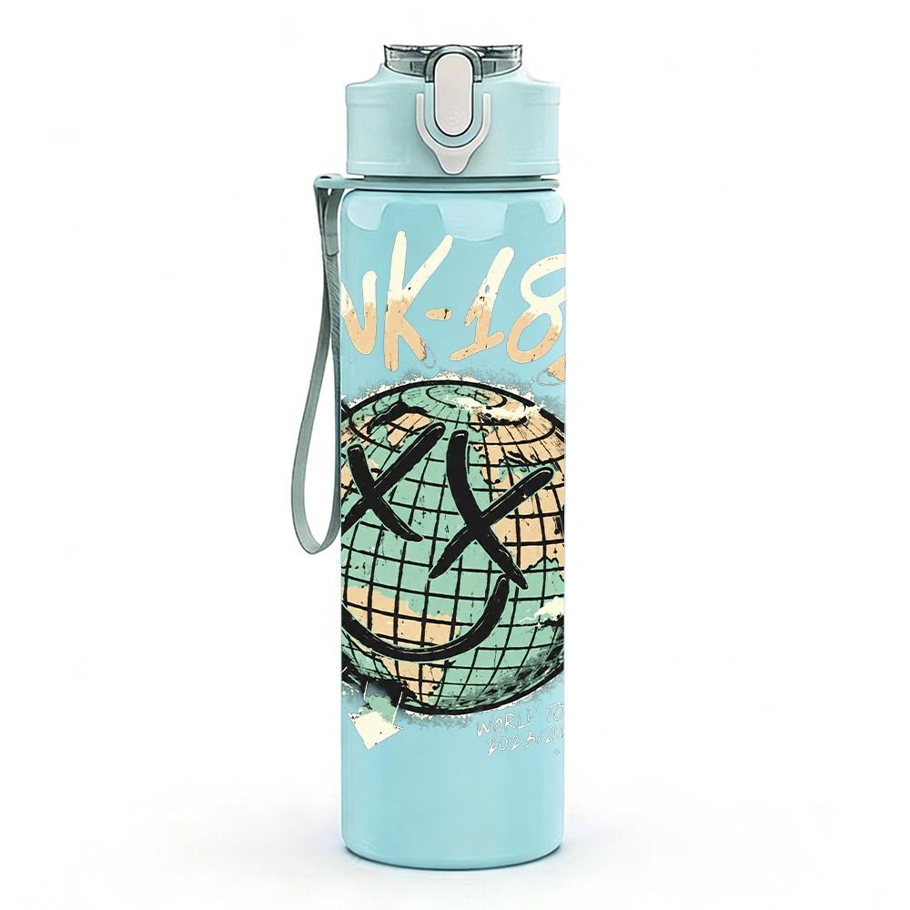 1PC Blue Globe Planet 750ml sports water bottle leakproof straw lid outdoor office home