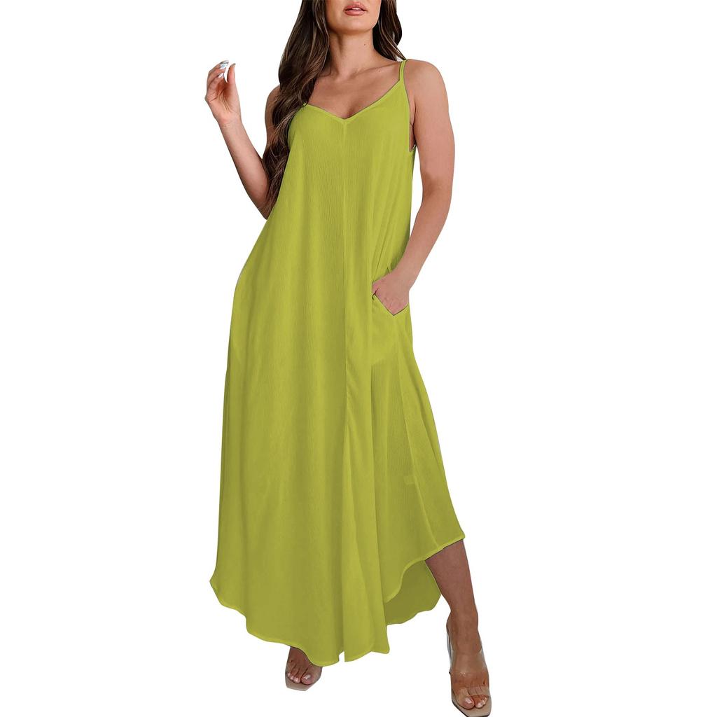 Women's Fashion Loose With Pockets Sleeveless Spaghetti Straps Solid Color Long Dresses