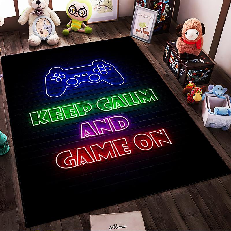 Игровой ковер с неоновым дизайном в виде геймпада и надписью "Keep Calm". Подходит для использования в качестве противоскользящего покрытия для гостиной, спальни, диванов.