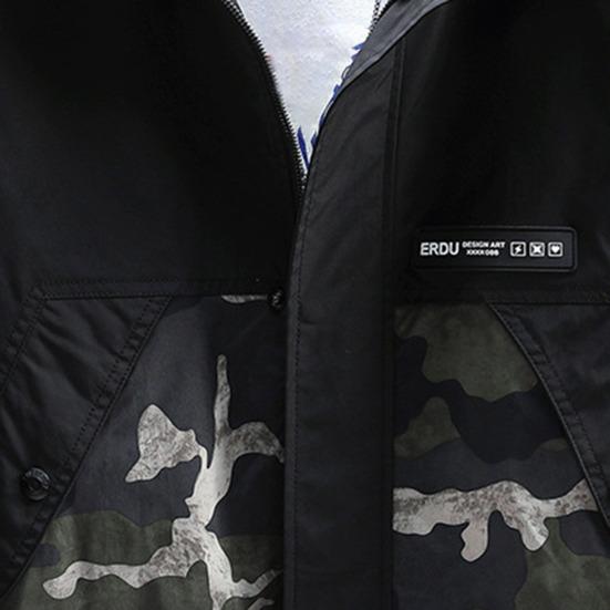 Men Hoodie Jacket Camouflage Patchwork Loose Windbreaker Spring Autumn Washable Zipper Outwear Streetwear