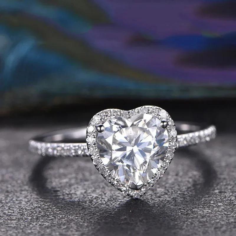 Роскошное серебряное кольцо-сердце для женщин Изысканное модное металлическое кольцо с инкрустацией белыми цирконами Свадебное кольцо Помолвочное украшение