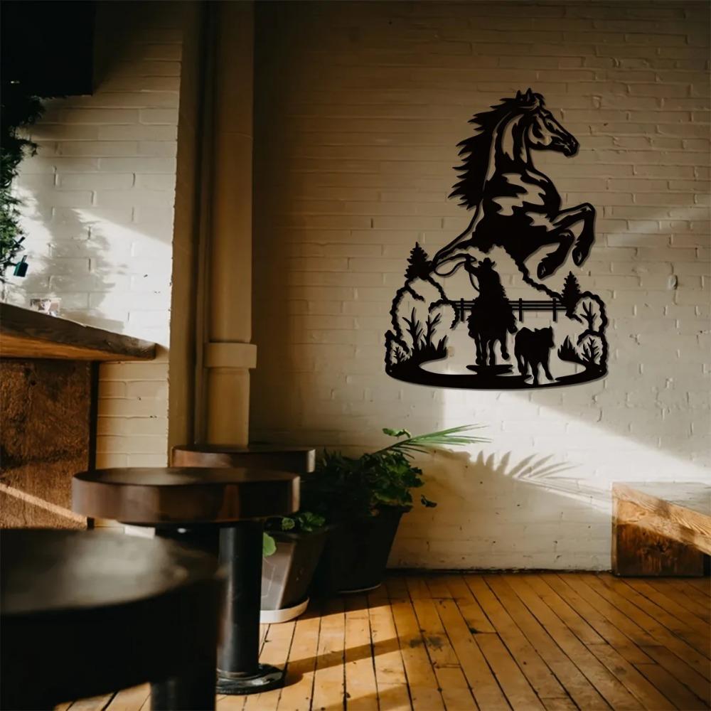 Металлическая настенная живопись «Лошадь и ковбой» в деревенском стиле с ковбойским знаком для декора комнаты, идеально подходит для фермерского дома и дома, стильное украшение на тему лошадей
