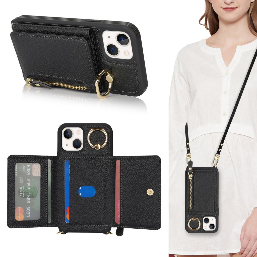 Для iPhone 13 mini Чехол Кармашек для карт Карман на молнии Кожа+ТПУ Держатель-кольцо Чехол для телефона с длинным ремешком