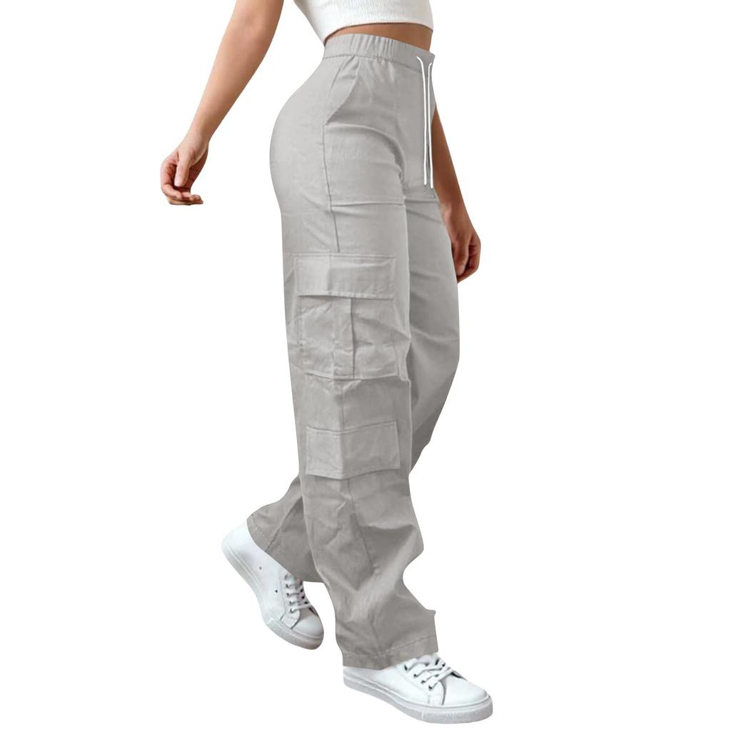 Womens Elastic High Waisted Cargo Pants Stretch Casual Wide Leg Streetwear Parachute Hiking Pants With Pockets