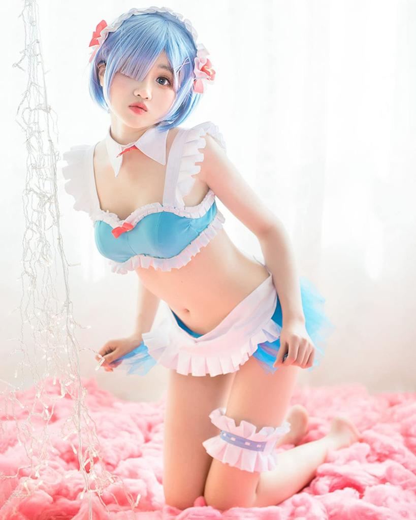 milky time ReZero Rem Cosplay Swimsuit Bikini “Isekai-type” with Wig, Size M, Color Rem/Isekai-type