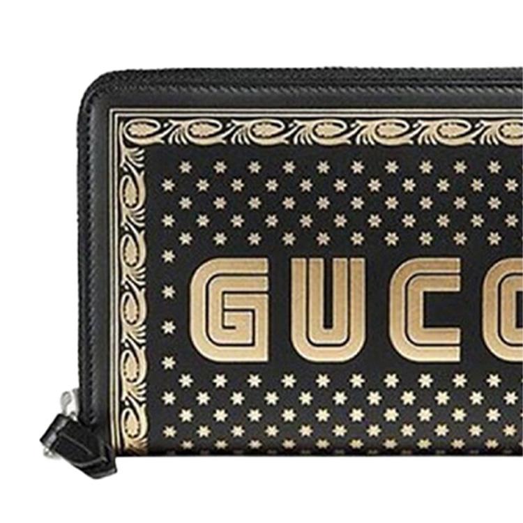 Gucci GUCCY Черный кожаный длинный кошелек на молнии с золотым принтом для унисекс, роскошный, для повседневного использования