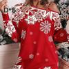 Women Fall Winter Dress Hollow Out One Shoulder Loose Snowflake Print Color Matching Christmas Style Long Sleeve Above Knee Length Mini Dress
