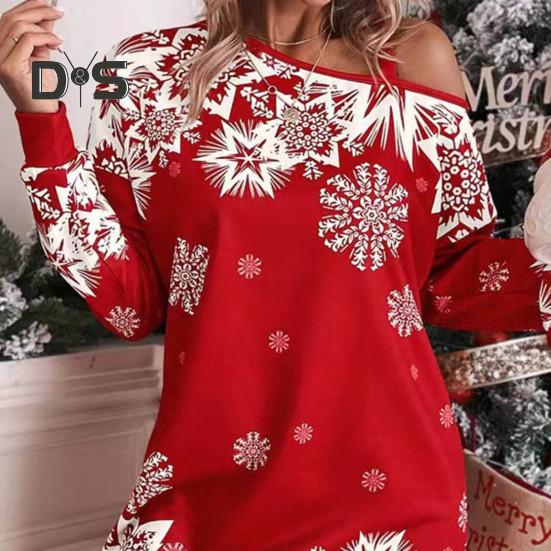 Women Fall Winter Dress Hollow Out One Shoulder Loose Snowflake Print Color Matching Christmas Style Long Sleeve Above Knee Length Mini Dress