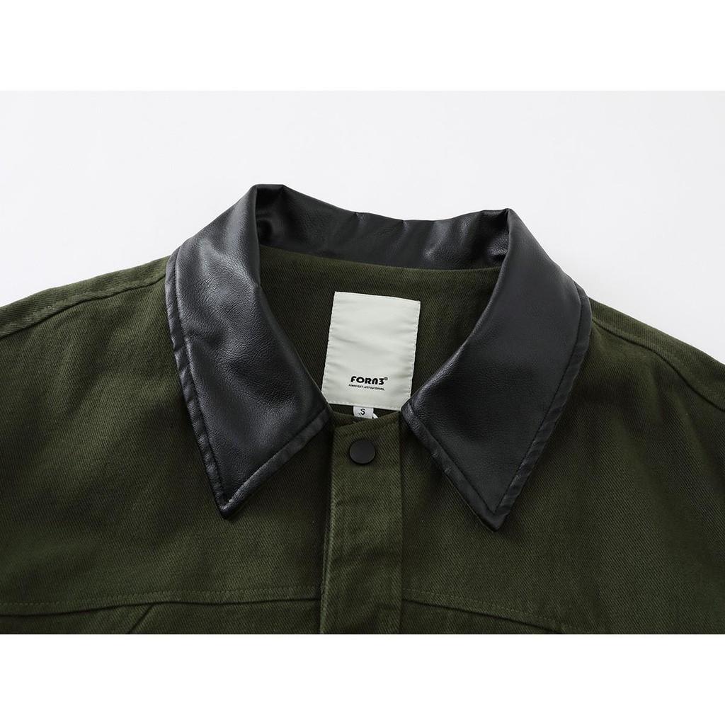 American Trendy Unisex Washed Retro PU Jacket N1581 - Color Block Lapel Workwear Style