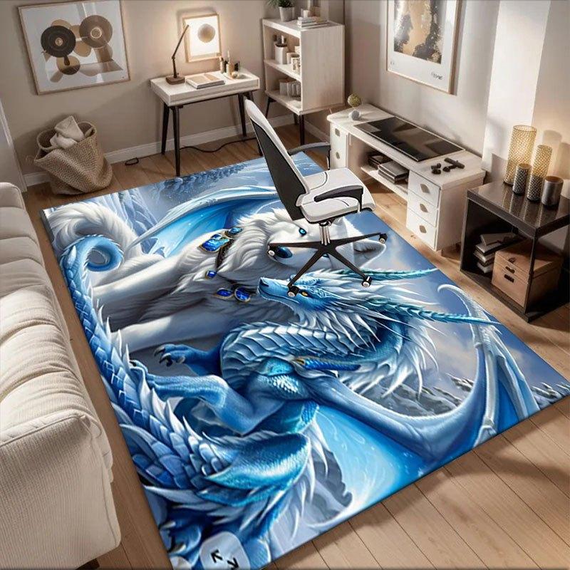 "Snow Wolf and Ice Dragon Fantasy Art Print"Office Mat Perfect for Home Decor Office Desk Chair Rugs Chair Carpet for office Polyester Chair