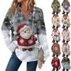 Women's Casual Long Sleeve Button V Neck Christmas Print Drawstring Hooded Top