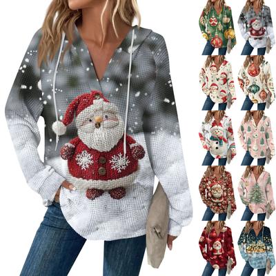 Женский повседневный топ с длинными рукавами, пуговицами, V-образным вырезом, рождественским принтом, завязками и капюшоном