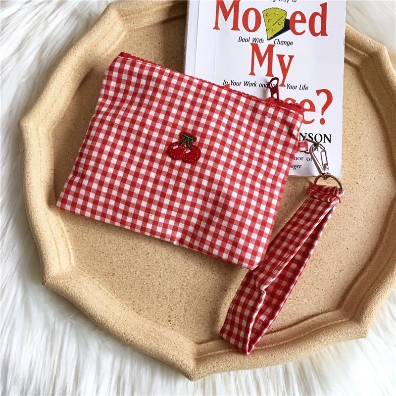 Cherry Coin Purse Portable Makeup Bag for Outings Sanitary Napkin Storage Pouch Cherry Canvas Makeup Bag Convenient Red Checkered Lipstick Organizer