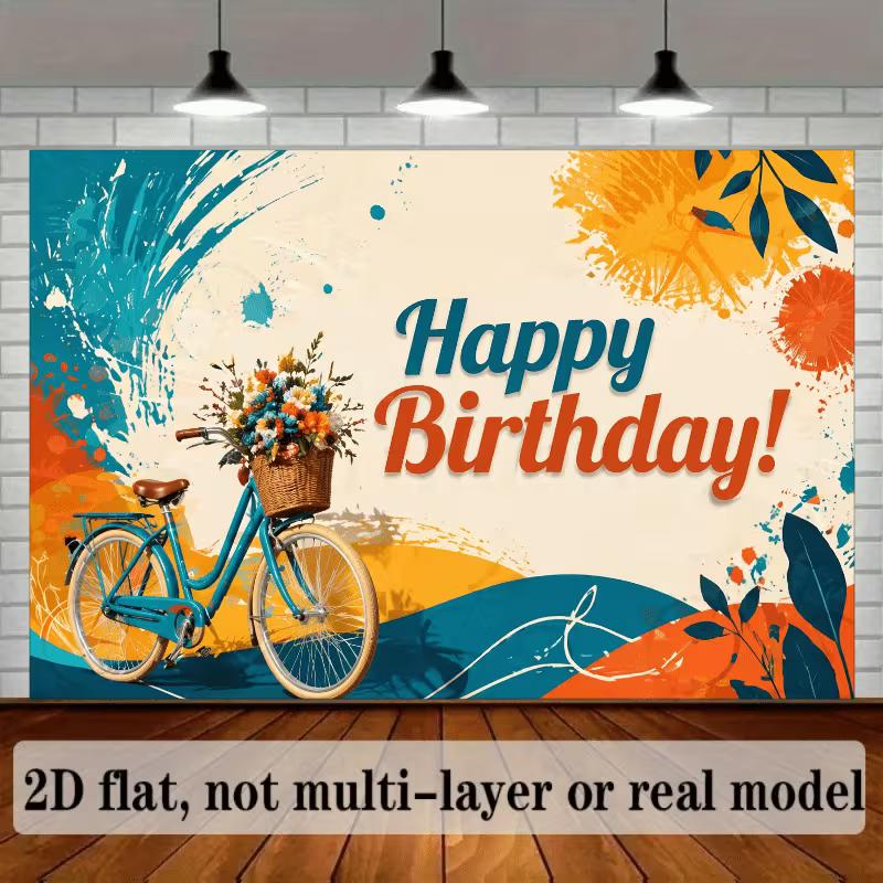 2D Vintage Bike Birthday Backdrop, Teal & Orange Floral Photography Background for Party