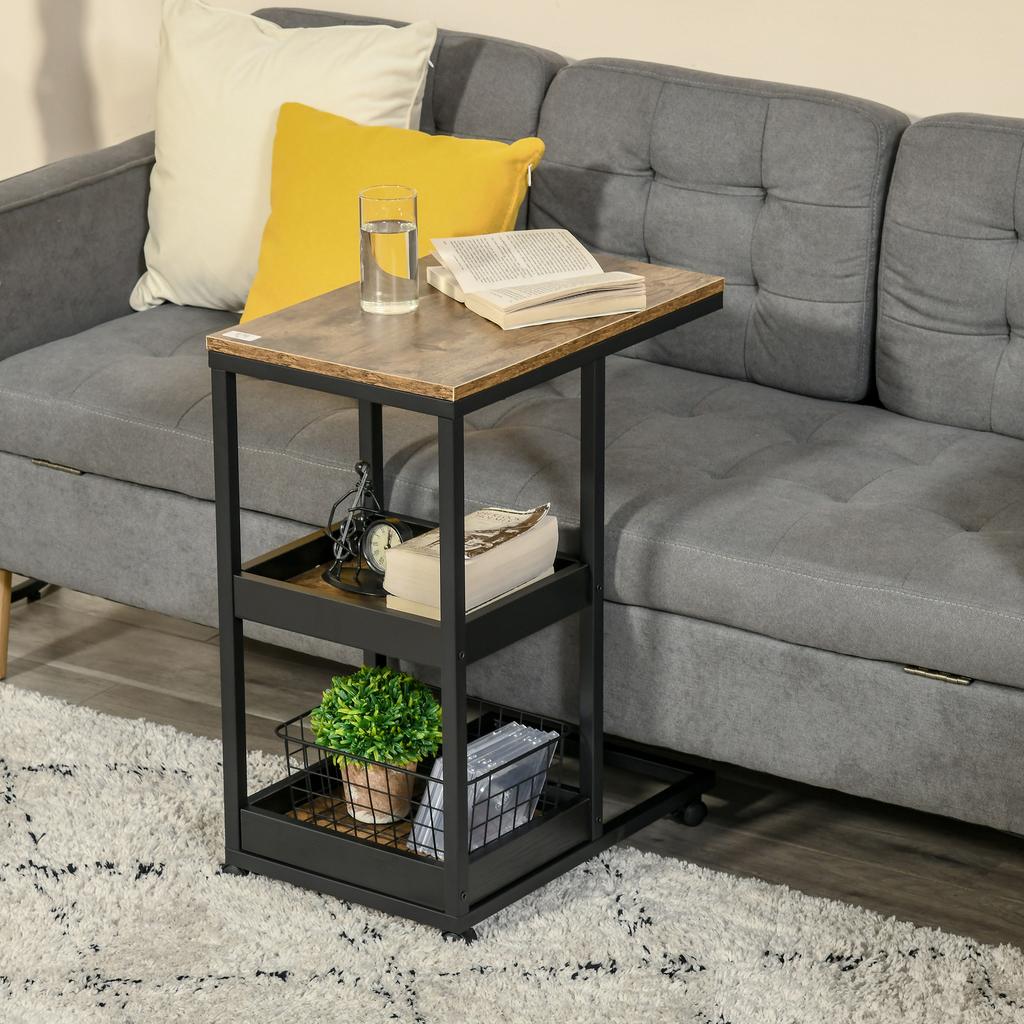 Mobile Sofa Side Table, Industrial C-Shaped Rolling Table with 3-Tier Storage Shelving, Four Lockable Wheels Steel Frame, Dark Brown