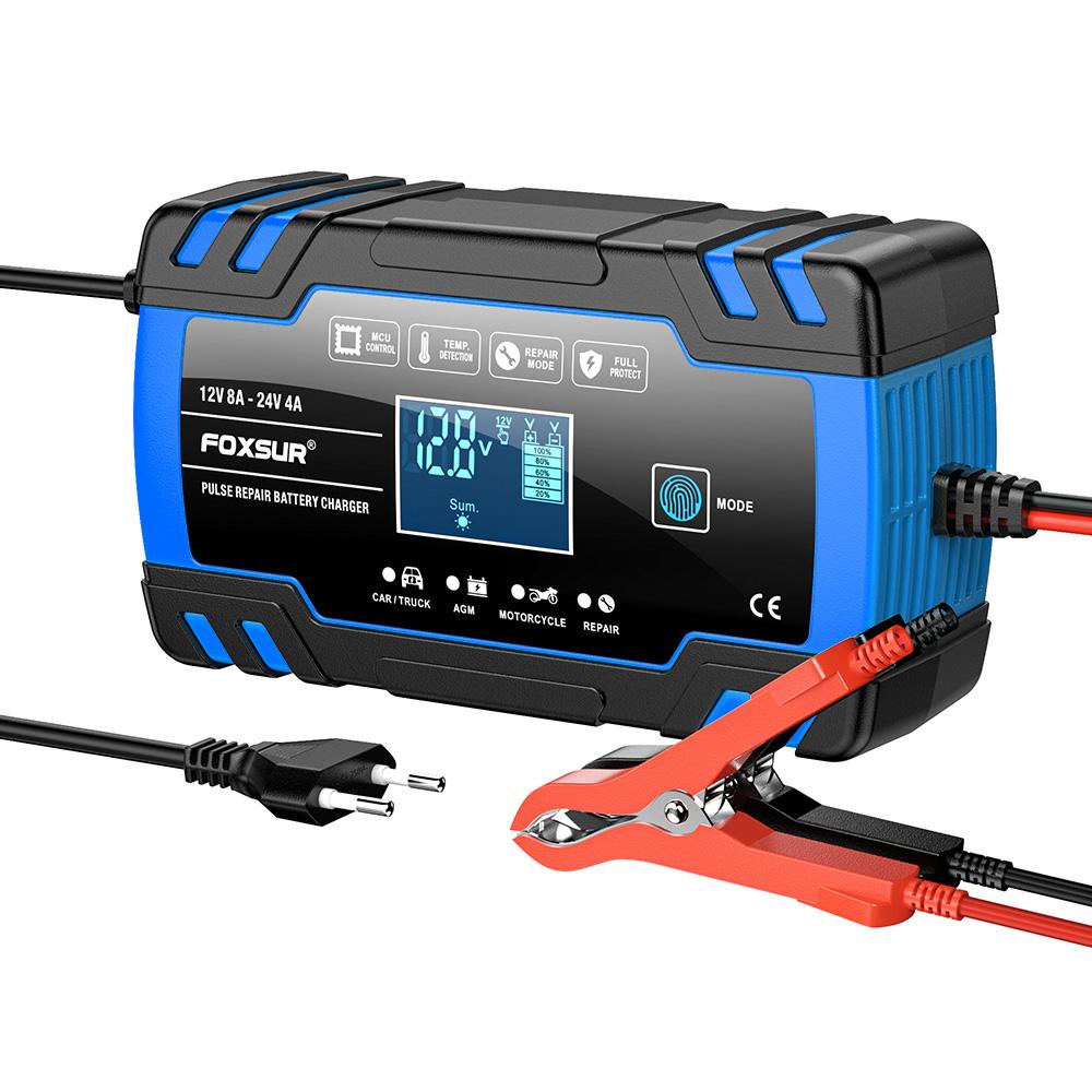 12V/8A 24V/4A Полностью автоматическое автомобильное зарядное устройство Импульсный ремонт FOXSUR Автомобильный грузовик AGM Свинцово-кислотный ЖК-дисплей Автоматическая зарядка аккумулятора FBC122408D