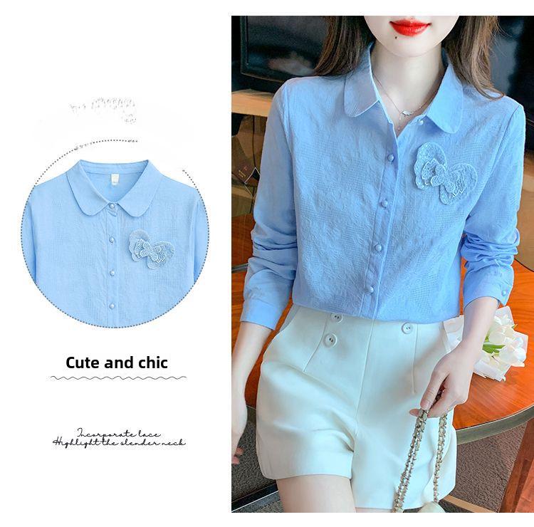 Осень 2024 г. Женская рубашка с длинным рукавом из чистого хлопка с жаккардовой вышивкой