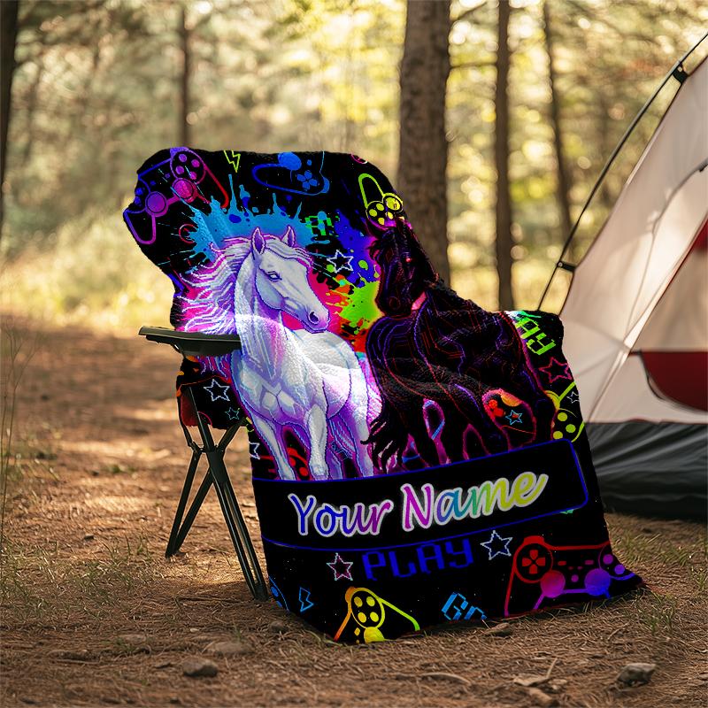 1PC Custom Name Neon Horse Adventure Game flannel blanket versatile,all-season throw suitable for the living room,bedroom,camping,travel,and gift