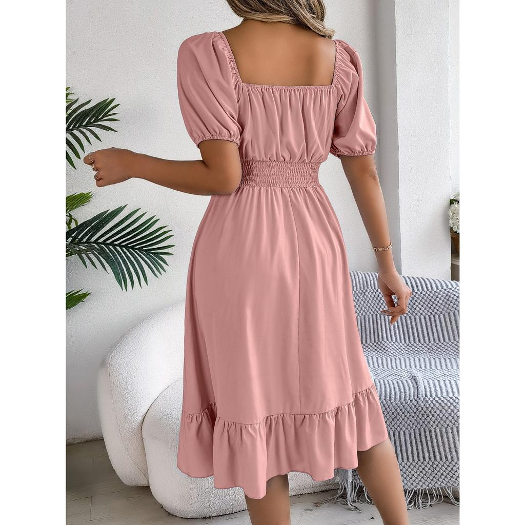 GMXIA Весенне-летнее повседневное платье с квадратным вырезом, короткими рукавами, приталенное, с А-силуэтной юбкой с оборками, женская одежда