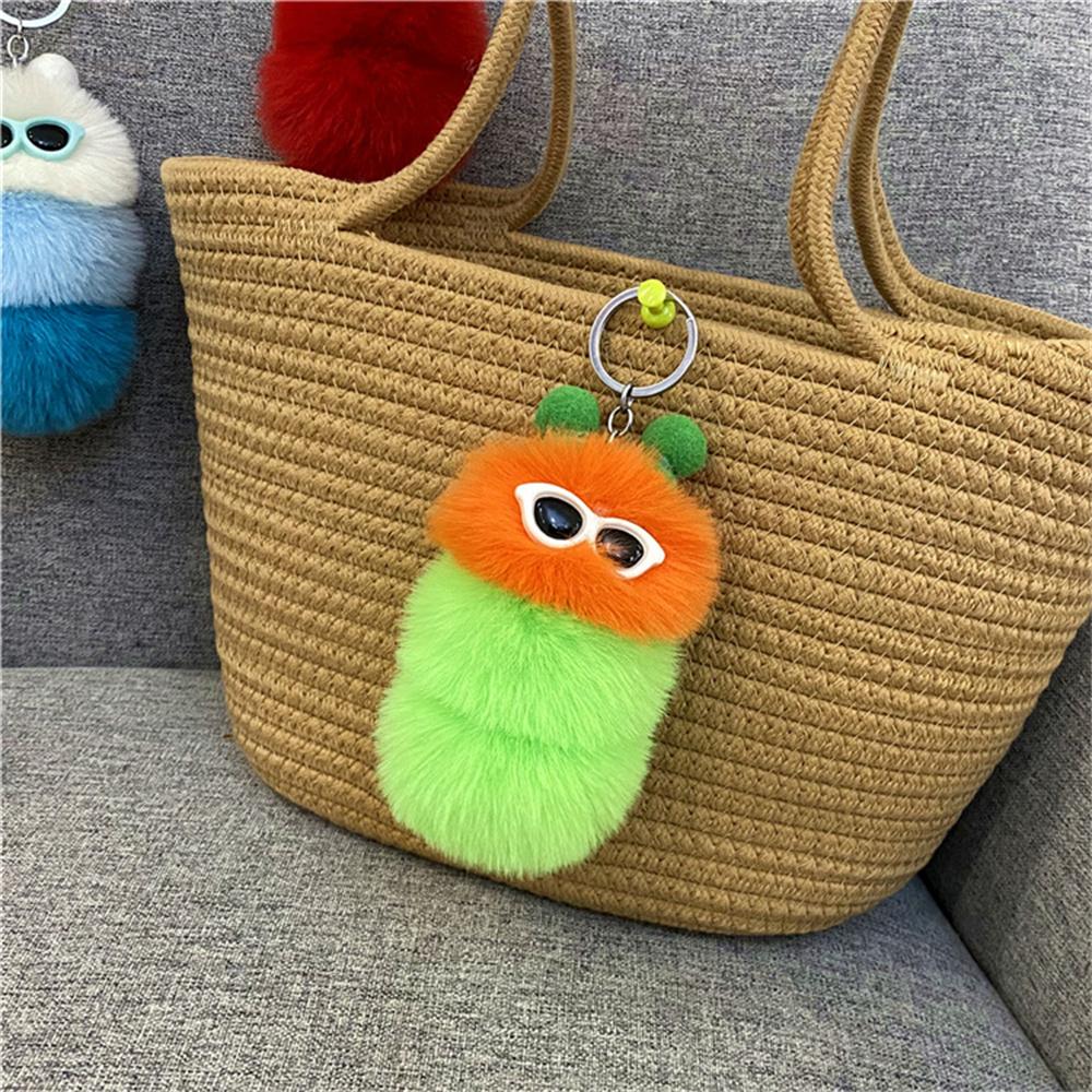Cute Colorful Plush Caterpillars Keychain With Sunglasses Soft Rabbit Fur Animal Pompom Pendant With Key Rings For Women Handbag