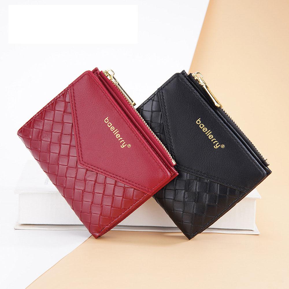 Женский модный короткий тканый кошелек в два раза из искусственной кожи с застежкой-держателем для карт, женский умный кошелек на молнии с несколькими картами