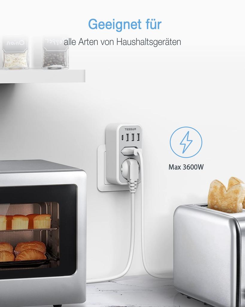 Tessan EU Multi Plug Power Adapter with 1/2 AC Outlets 3 USB Ports & 1 Type C Plug 6 In 1 Wall Socket Power Strip for Home Office