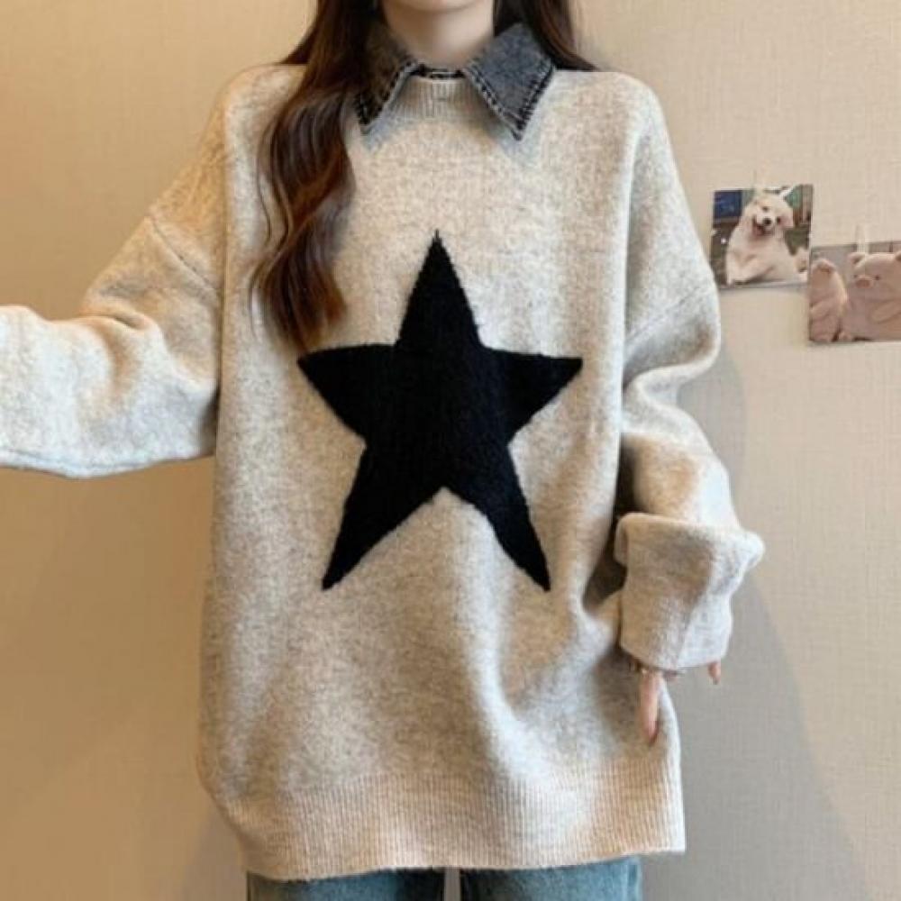 Navava Nk2434 Star Loose Fit Long Sleeve Knit Sweater
