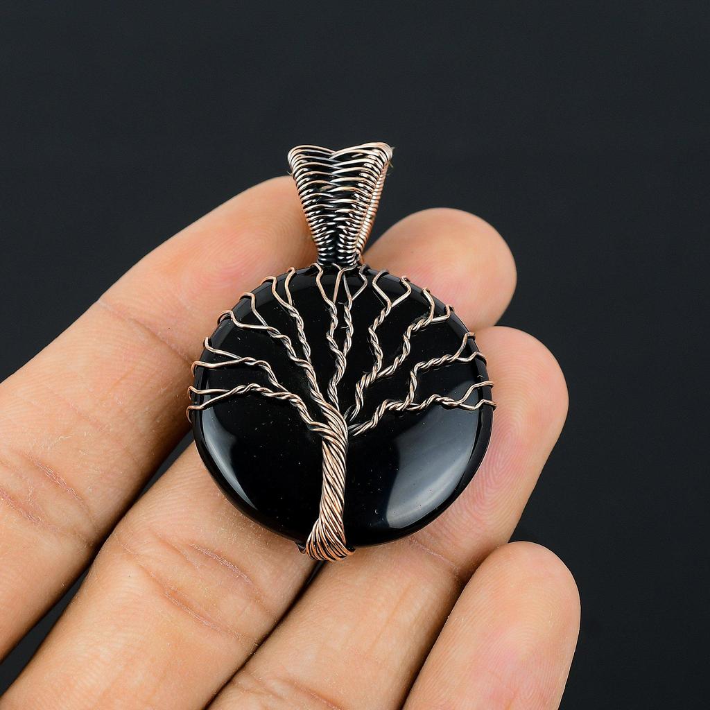 Древо Жизни Черный оникс Драгоценный камень Медная проволока Оберточная подвеска ручной работы Ювелирные изделия для нее