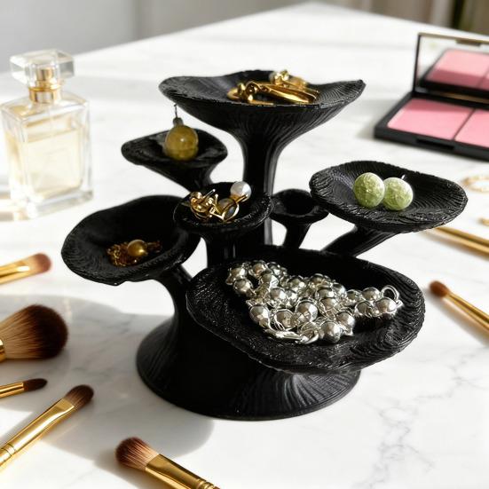Black Mushroom Jewelry Stand 3D Printed 7-Tier Jewelry Holder Desktop Earring Tree for Rings Necklaces Bracelets