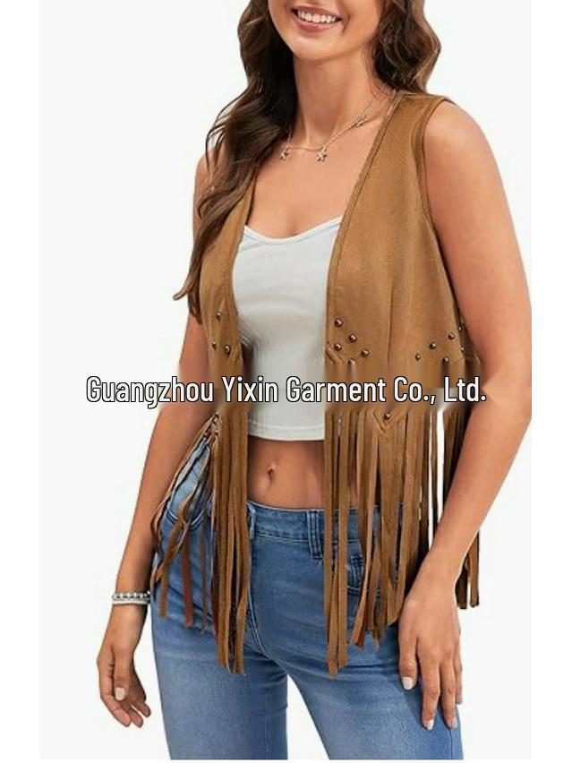 Women's 70s Bohemian Fringe Vest - Faux Suede, Sleeveless, Open Front, Western Style