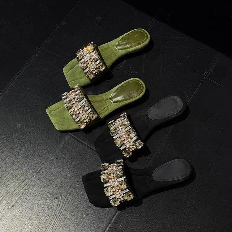 Sheepskin version~ French temperament rhinestone high-end sense with sandals women's summer wear versatile thick heel cool slippers