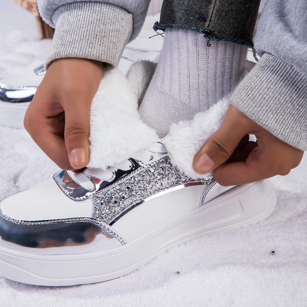 TUINANLE Winter Plush Shoes Women High Top Sneakers Lace Up Warm Bling Shoes